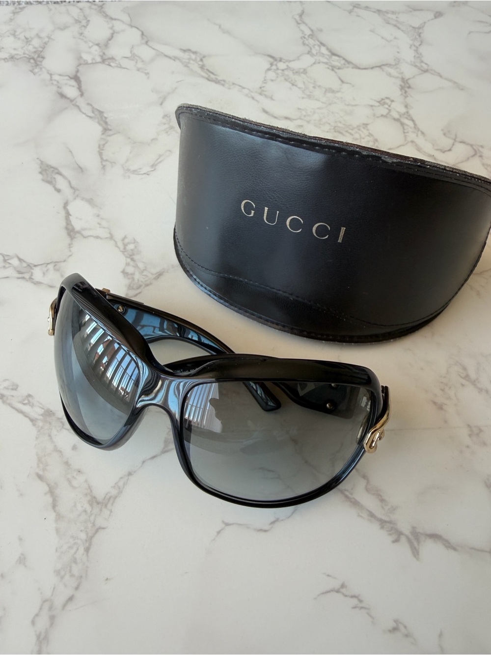 Gucci Black Oversized Women's Sunglasses with Gold Buckle